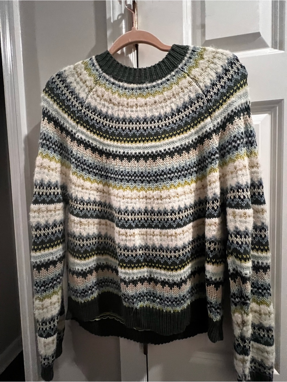 American Eagle Outfitters Olive, Cream & Gray Fair Isle Crewneck Sweater